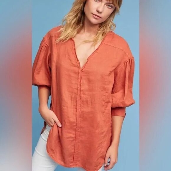 ANTHROPOLOGIE - Ginnie Tied-Sleeve Linen Tunic By Holding Horses Size Sz XS - Picture 1 of 8